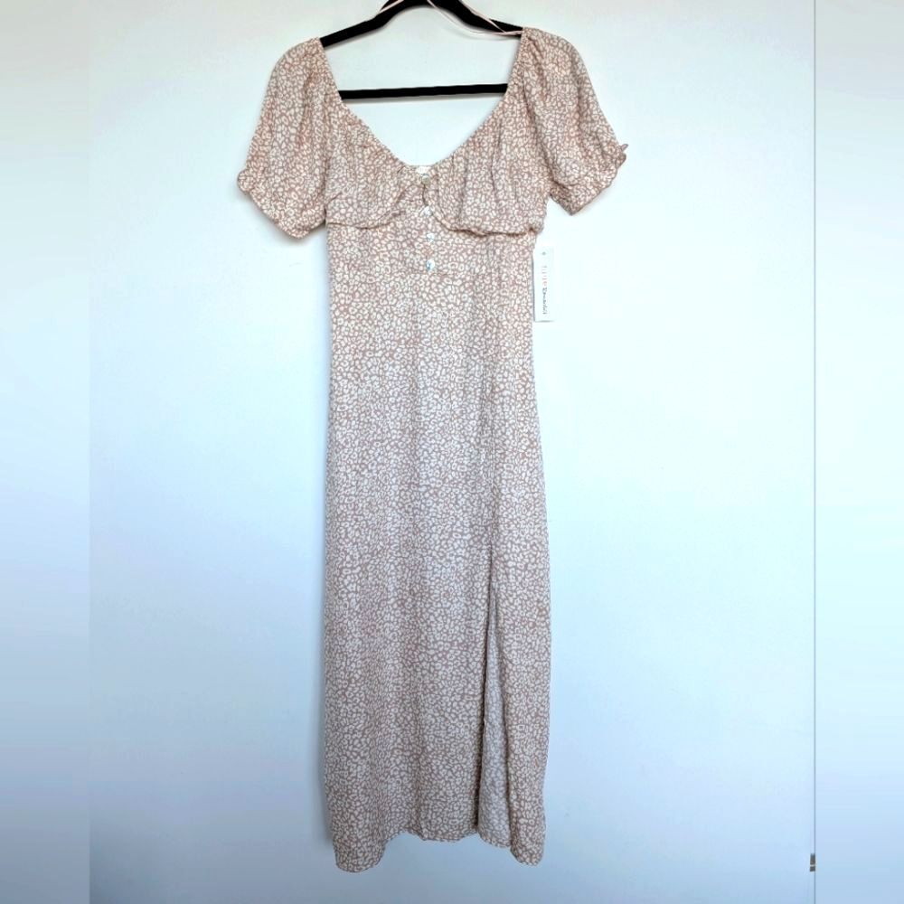 NWT Floral Milkmaid Puff Sleeve Midi Dress W Side Slit Urban Romantics Sz S